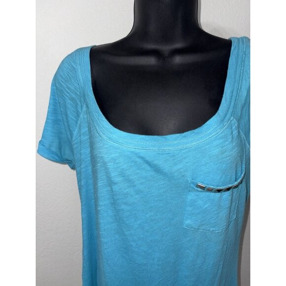Hollister Shirt Top Women Medium Scoop Neck Tie Waist Cap Sleeve Blue - Picture 2 of 8